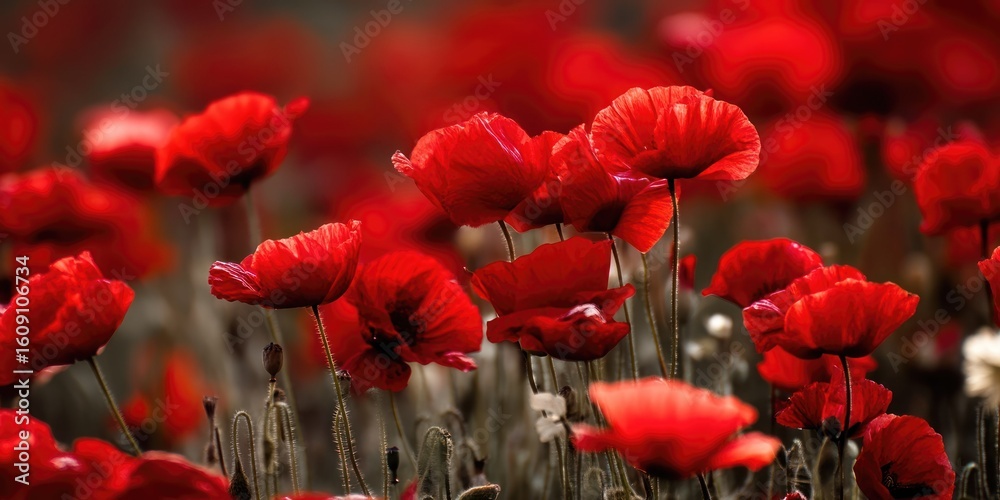 Obraz premium A field of red poppies swaying in the summer breeze