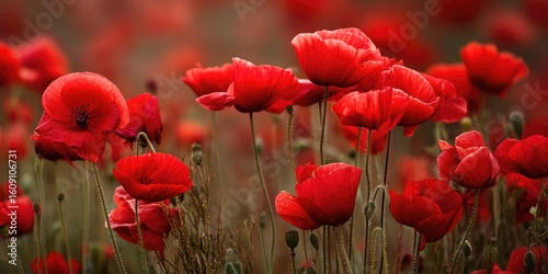 A field of red poppies swaying in the summer breeze