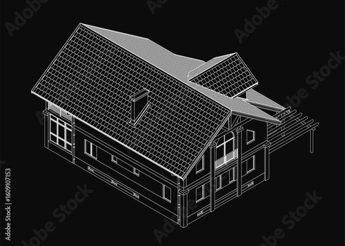 A black and white contour drawing of a house featuring a pitched roof design with clean lines and simple details. The minimalist illustration highlights the architectural structure without shading.