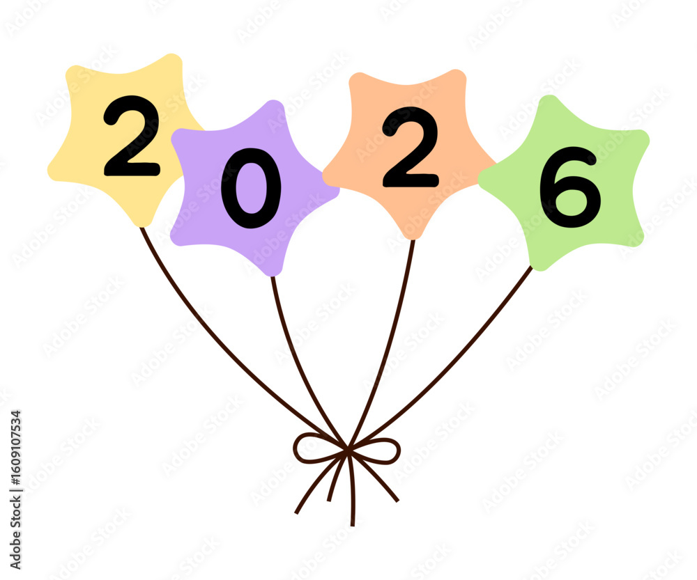 Obraz premium Happy New Year 2026 star balloons. Fun design for celebration, season decoration, branding, invitation, banner, cover, card and or social. Vector design 2026.