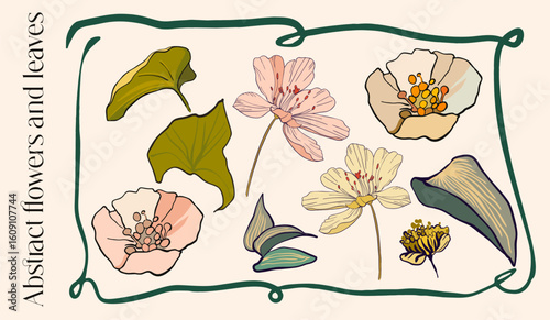 Set of isolated, fully editable abstract flowers, leaves, blades of grass with outline in frame. Botanical digital illustration in modern flat style for weddings, birthdays, branding