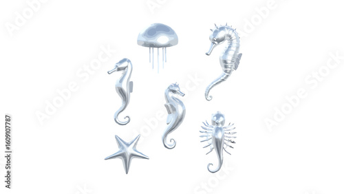 Elegant silver sea life collection featuring seahorses, jellyfish, and starfish for chic coastal decor and nautical themed designs, perfect for summer vibes