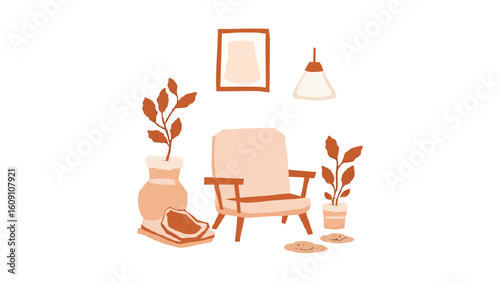 Cozy living space with armchair and plants, creating a warm and inviting atmosphere for relaxation and comfort in a modern home setting