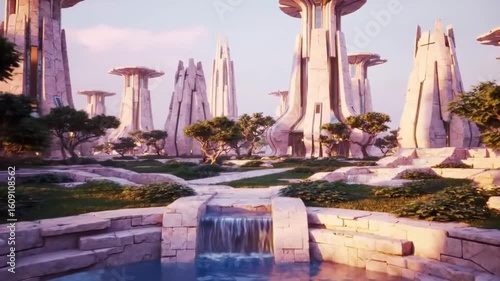 Serene Futuristic Cityscape: Tranquil Waterfalls and Architectural Marvels in a Dreamlike Setting