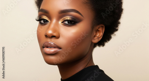 Close up glamour portrait of attractive gorgeous African woman with perfect skin wearing sophisticated golden eye makeup
