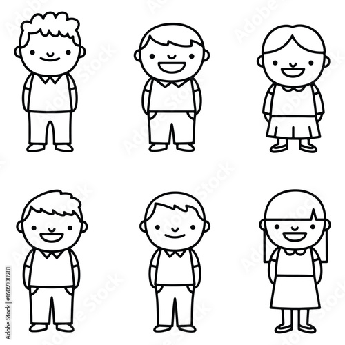 Set of six cartoon characters featuring boys and girls in simple outline style