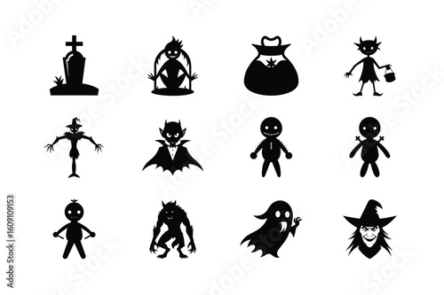 Black silhouette of Halloween witches and eerie flying figures Vector illustration

