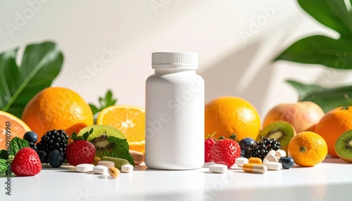 Vitamin Supplement Bottle with Fresh Fruit and Pills