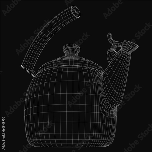 A wireframe kettle model features intricate 3D details including the spout, handle, and lid. The teapot is rendered realistically against a black background.
