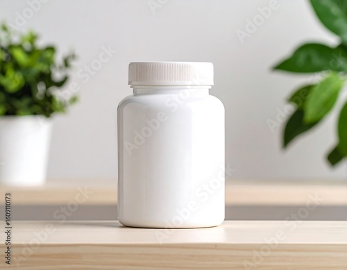 Blank white plastic pill bottle on light wooden surface, with out-of-focus greenery