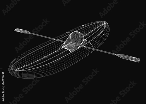 A 3D model of a kayak with two oars rests on a black background, featuring a realistic rubber texture and wireframe details. The oars are centered, ready for paddling.