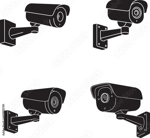 Four black security cameras mounted on walls in a clean white background illustration