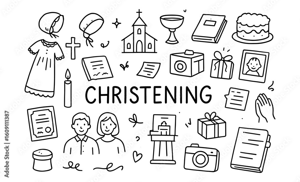 Fototapeta premium Christening ceremony icons: flat linear celebratory symbols for religious rituals