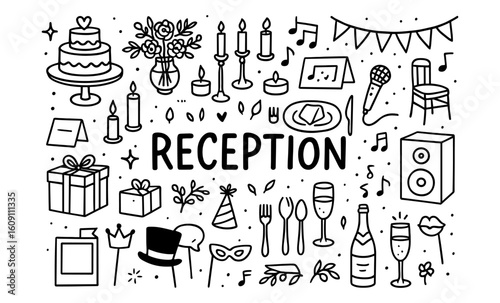 Celebration reception elements - cake, decor, music, gifts, and more in doodle art style