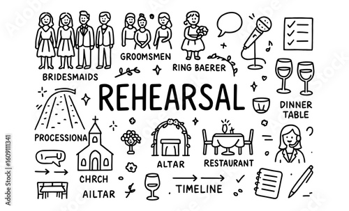 Wedding rehearsal doodle set featuring bride, groom, and ceremony elements
