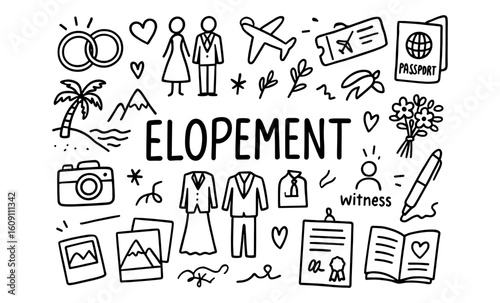 Hand-drawn elopement icons for weddings and travel