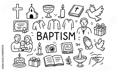 Baptism symbols collection in hand drawn doodle style for christian celebrations
