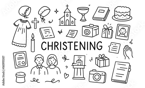 Christening ceremony icons: flat linear celebratory symbols for religious rituals