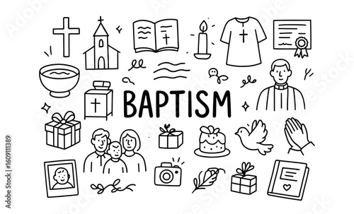 Baptism symbols doodle collection: church, bible, and faith elements