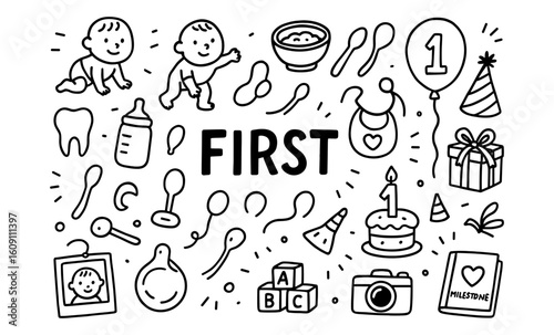 Baby's first year celebration: hand drawn milestone icons and symbols