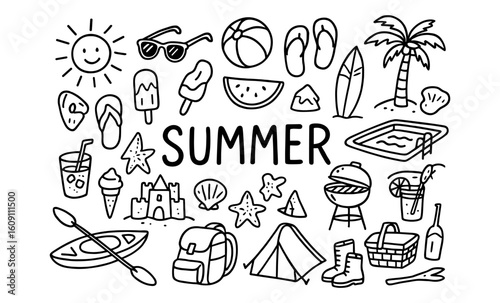 Hand drawn summer doodles with beach, camping, and outdoor elements