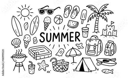 Hand-drawn summer doodles featuring beach fun and outdoor activities