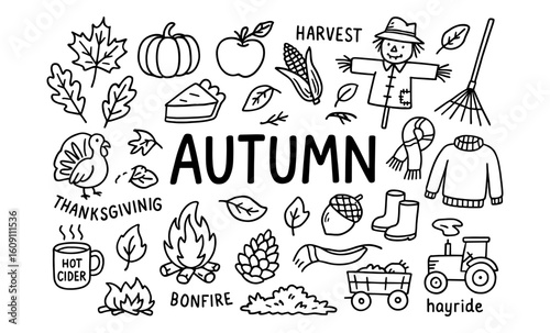 Hand drawn autumn doodle set with harvest, thanksgiving, scarecrow, leaves, and pumpkins