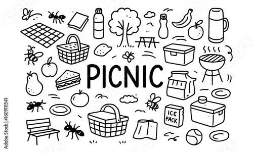 Hand drawn picnic elements with black and white doodle style