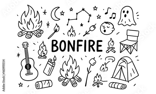 Cozy bonfire doodle design with camping elements and stars