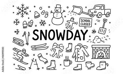 Doodle art of snow day activities and winter fun elements