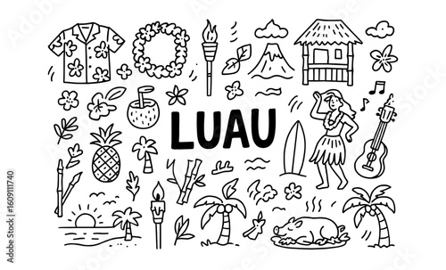Luau party elements: hawaiian set with tropical icons for celebrations