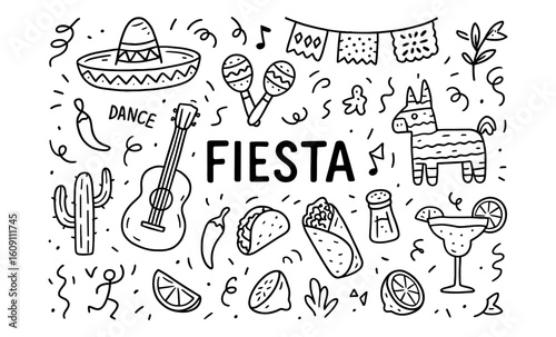 Mexican fiesta doodle art with sombrero, guitar, and cactus elements