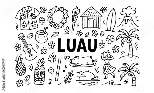 Hawaiian luau doodles: tropical party elements with hand-drawn charm