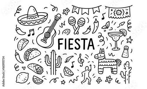 Festive fiesta doodle with mexican traditions in monochrome style