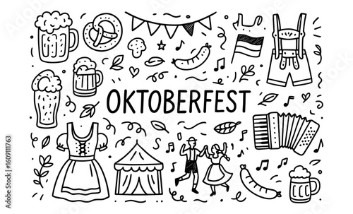 Oktoberfest celebration: hand drawn doodles of bavarian traditions and festivities