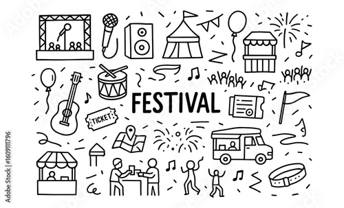 Hand-drawn festival elements with music, food, and entertainment icons