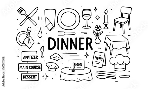 Hand drawn dinner elements with tableware, menus, and dining icons