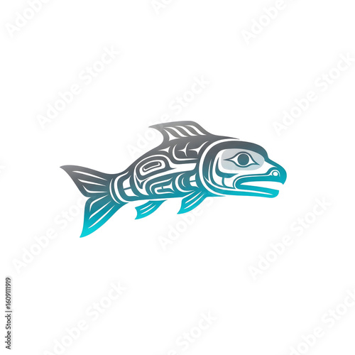 Modern Native Alaskan Fish Totem with Ice-Blue, Gray, and Turquoise Gradient Vector Design