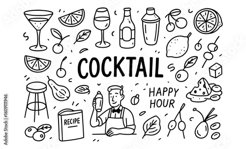 Cocktail party doodle with bartender and drink ingredients in hand-drawn style