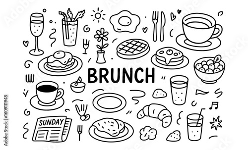 Charming doodle style brunch icons featuring breakfast foods and drinks