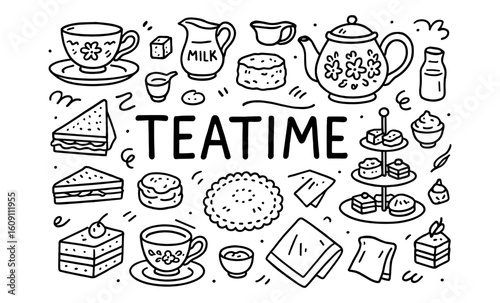 Black and white doodle tea time set with cakes and teapot