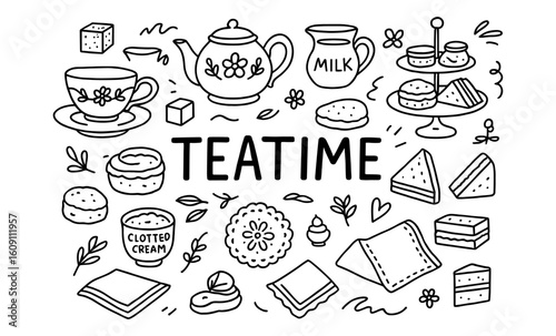 Teatime essentials: hand drawn doodle collection of tea party items and snacks