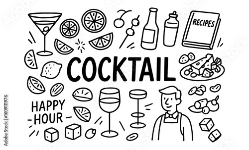Cocktail party elements: doodle style icons for happy hour and recipes