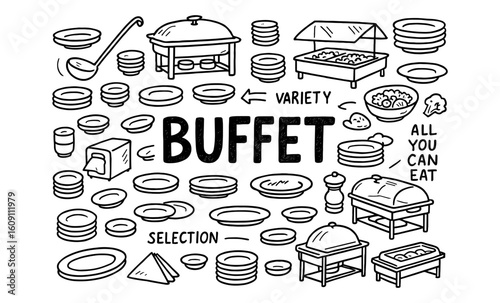 Hand drawn buffet elements for all you can eat themes with variety of food doodles