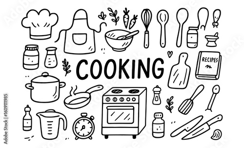 Hand drawn kitchen utensils and cooking elements doodle set