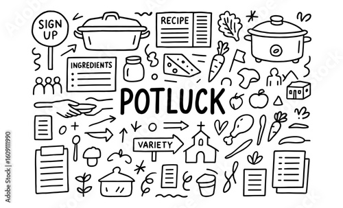 Hand drawn potluck elements with food, recipes, and icons in doodle style