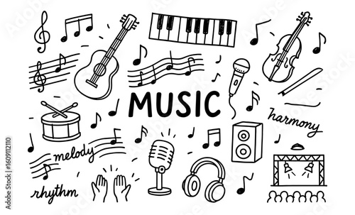 Hand drawn musical instruments and notes doodle with microphones and headphones