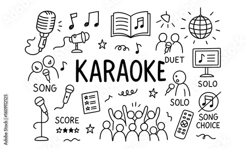 Karaoke party icons: fun doodles featuring music, microphones, and singing elements