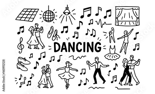 Dancing elements and patterns with musical notes and dance silhouettes