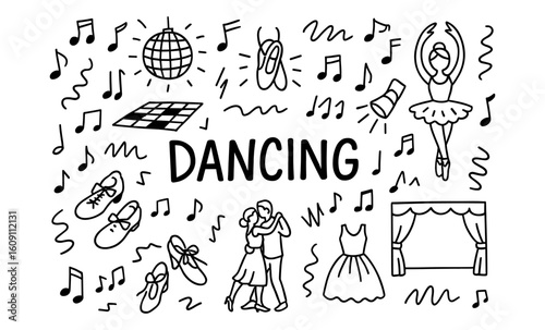 Dance doodles: music, ballet, and party vibes in fun outline style